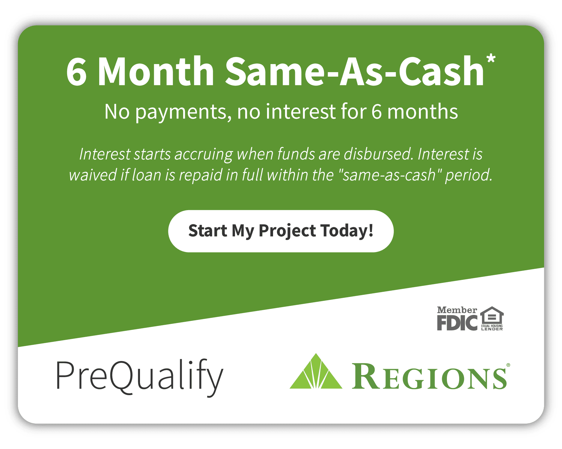 Promotional graphic for Capital Improvement's 6-month same-as-cash loan offering, highlighting no payments or interest