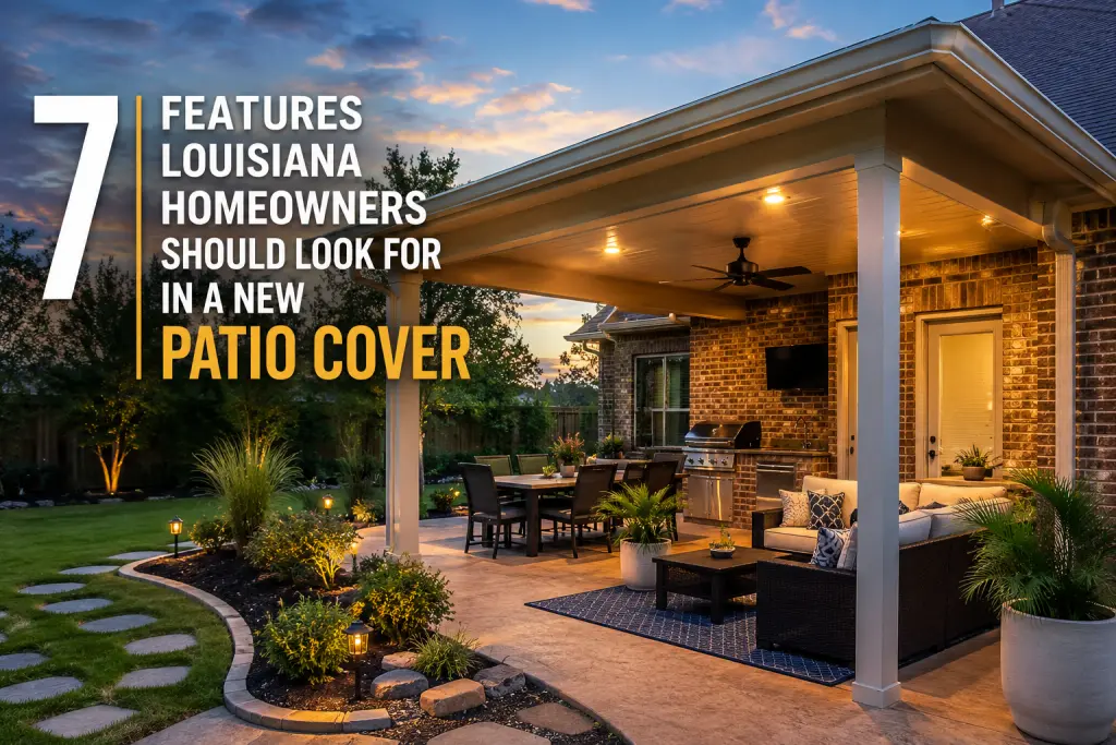 Backyard patio under a roofed outdoor living area at dusk with a dining table, lounge seating, and a built-in grill area.