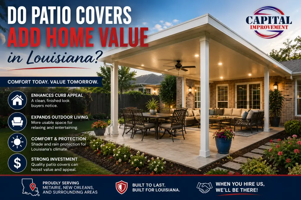 Covered backyard patio with a large aluminum patio cover on a Louisiana home, featuring outdoor dining and seating areas, illustrating how covered outdoor living spaces can improve comfort, curb appeal, usability, and potential home value.