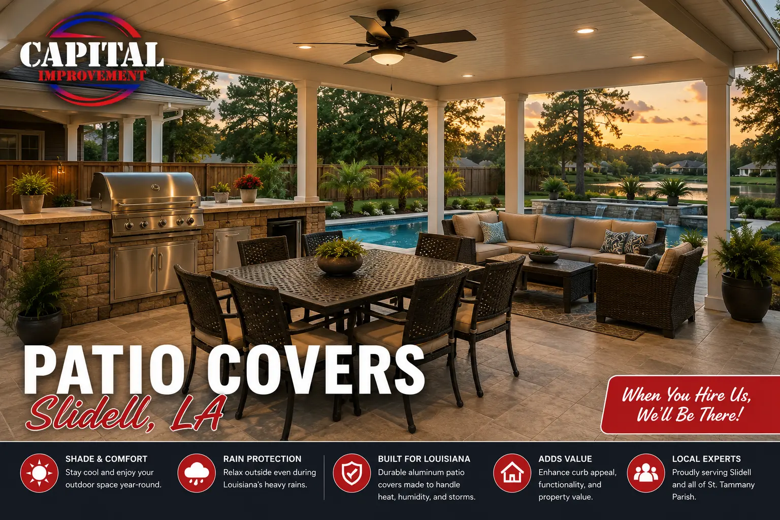 Custom aluminum patio cover on a Slidell, Louisiana home with covered dining, lounge seating, an outdoor kitchen, ceiling fan, lighting, and poolside outdoor living space.