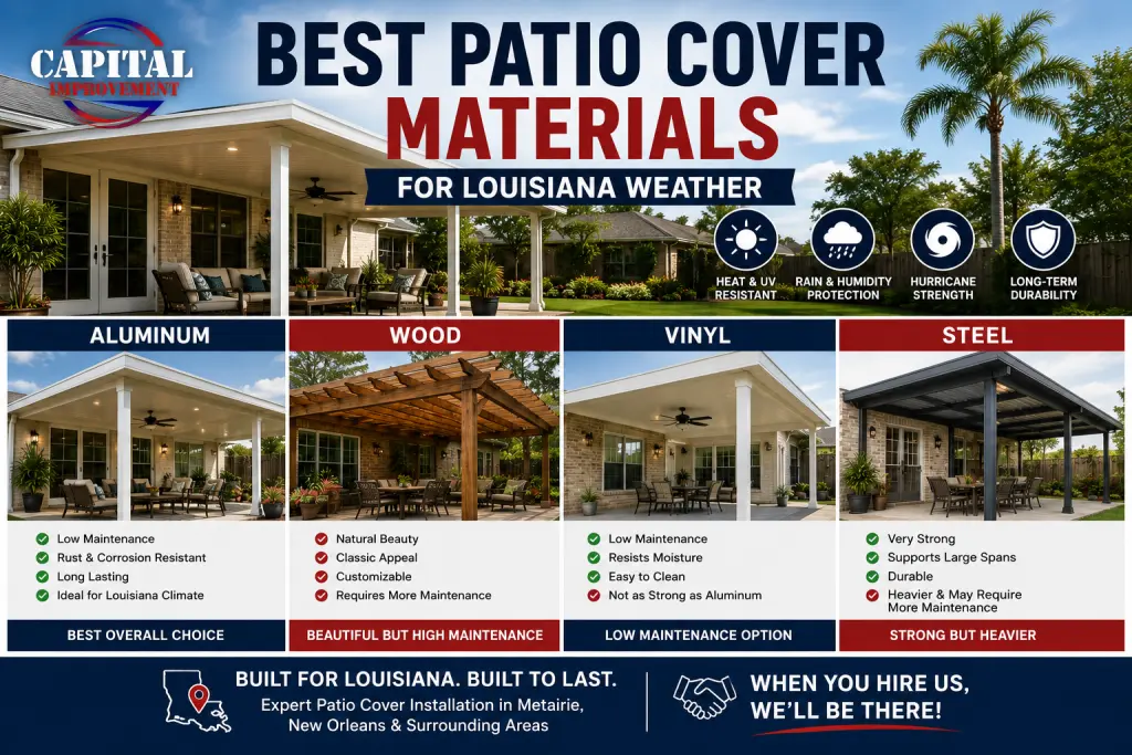 Comparison of aluminum, wood, vinyl, and steel patio cover materials for Louisiana homes, highlighting durability, weather resistance, maintenance requirements, and outdoor living performance in the New Orleans area.