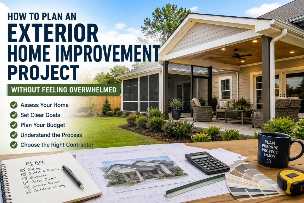 Promotional banner for exterior home improvement showing a backyard patio with planning notebook, blueprint, calculator, and color swatches on a table.