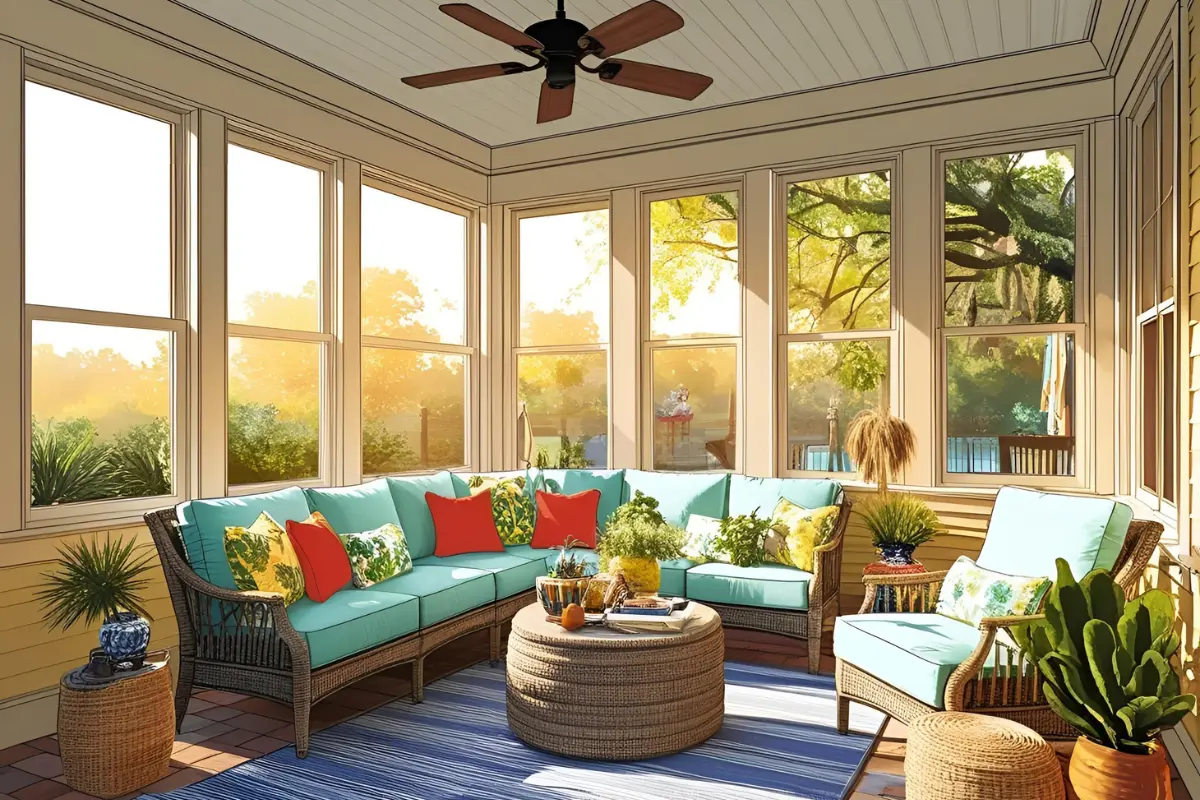 Cozy sunroom designed for Louisiana summers, featuring turquoise seating with vibrant cushions, large windows for natural light, and a ceiling fan, surrounded by lush greenery and a warm, inviting atmosphere.
