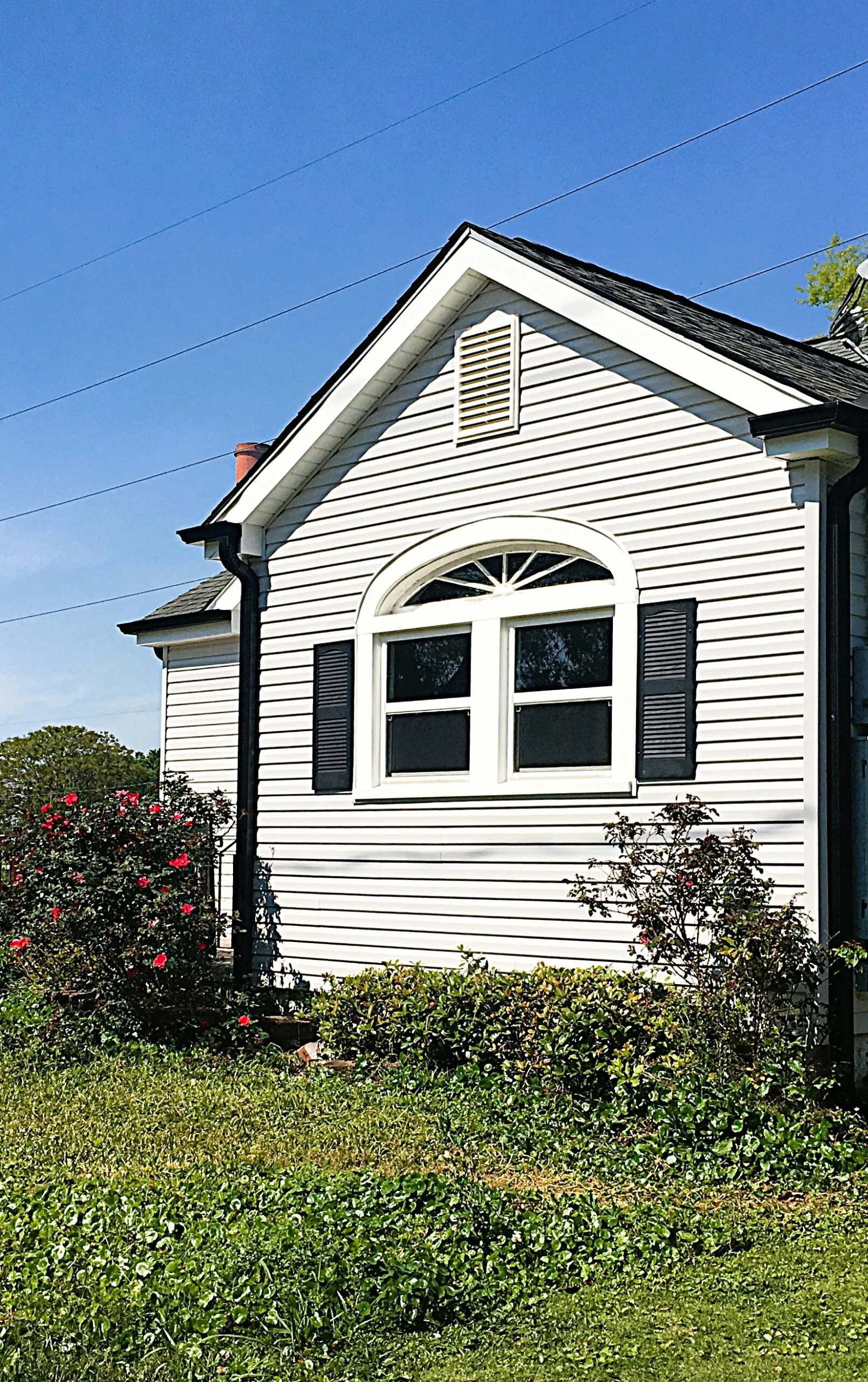Exterior view of a home featuring newly installed vinyl siding, decorative shutters, and a large arched window, surrounded by blooming flowers and lush greenery, highlighting quality siding installation by Capital Improvement.