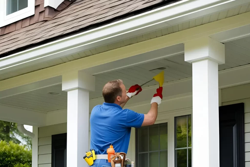 Man performing soffit maintenance on a home&rsquo;s exterior, wearing gloves and using a yellow tool, emphasizing spring cleaning and home improvement in Metairie, LA.