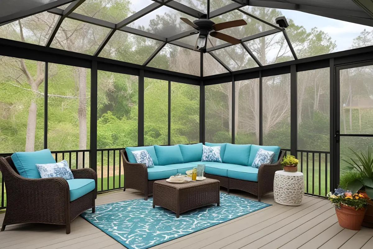 Screen room with turquoise seating, decorative pillows, and a coffee table, surrounded by greenery, emphasizing a bug-free outdoor living space for spring enjoyment.