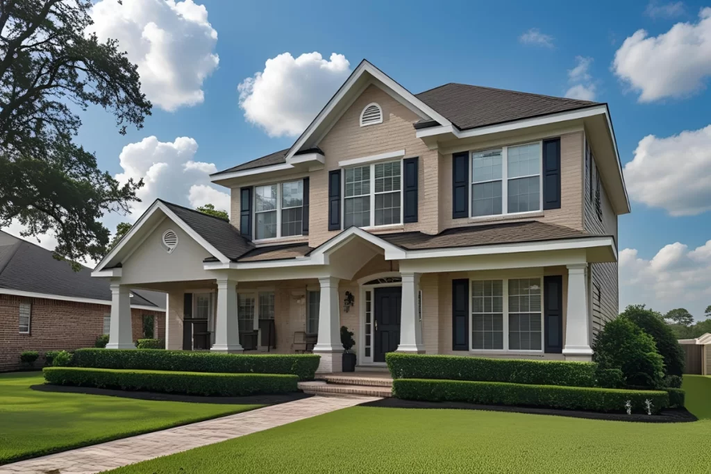 Two-story residential home with well-maintained gutters and soffit, surrounded by lush green lawn and hedges, illustrating essential exterior maintenance for storm readiness in Metairie, LA.