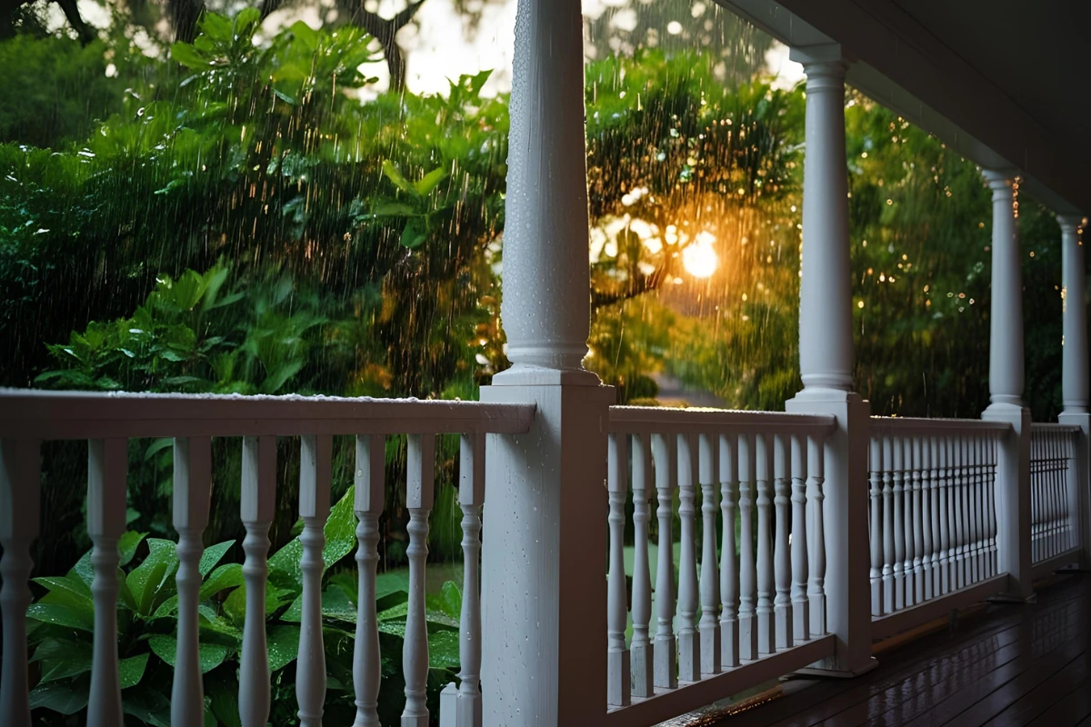 Rain falling on a white porch railing with lush green plants and a sunset in the background, illustrating the impact of Louisiana's humidity on homes.