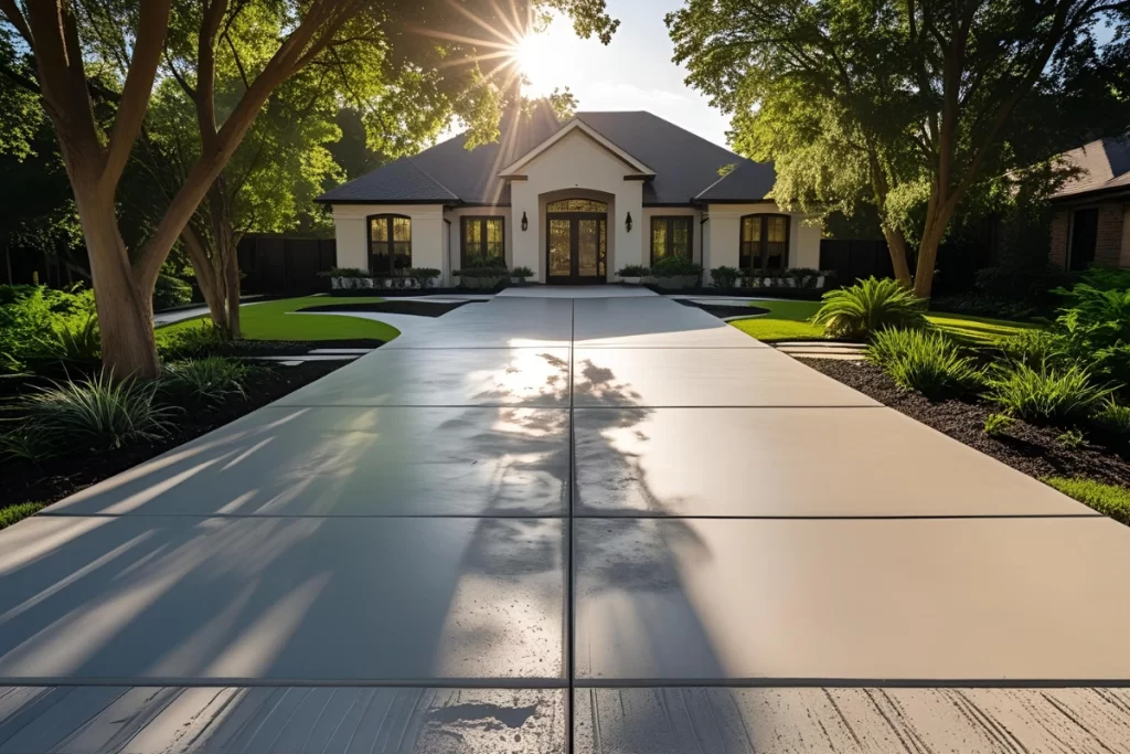 Concrete driveway leading to a modern home in Metairie, LA, surrounded by lush greenery and landscaping, showcasing the durability and aesthetic appeal of concrete for outdoor living spaces.
