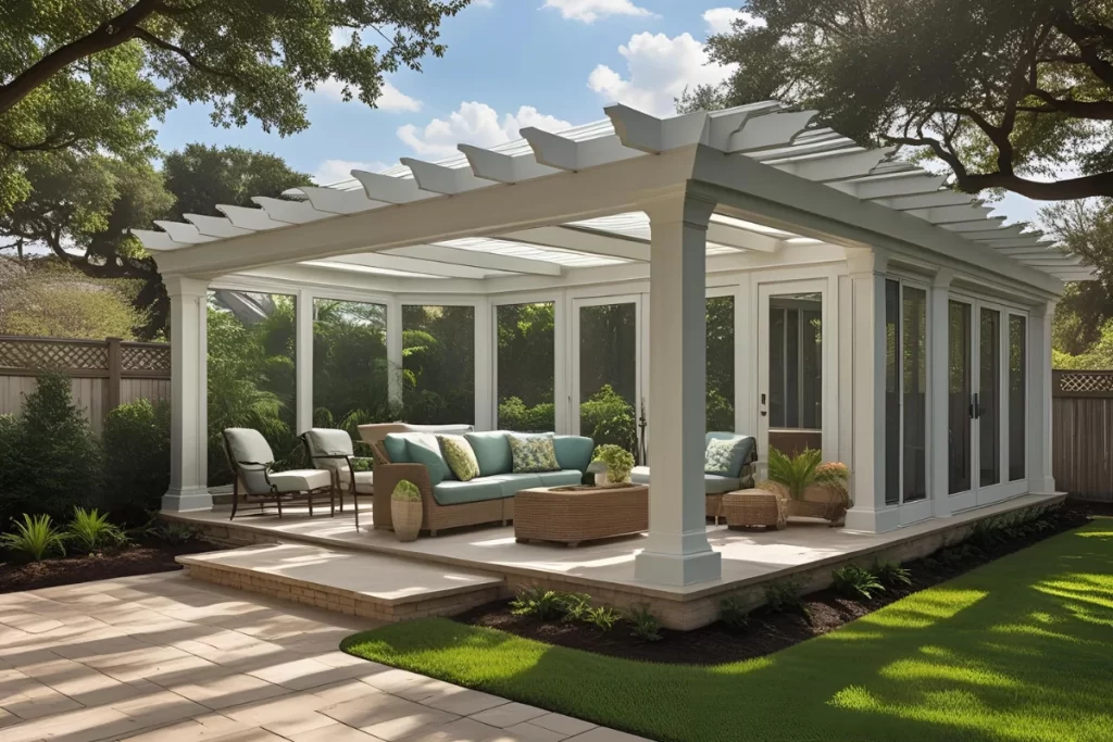 Outdoor living space featuring a sunroom with a pergola, stylish seating, and lush greenery in Metairie, LA, emphasizing home improvement and comfort.