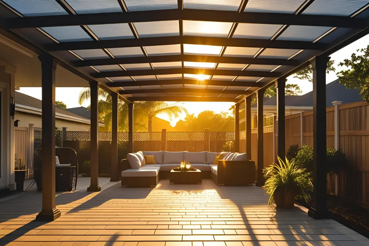 Patio cover with modern design, featuring a cozy seating area and fire pit, illuminated by sunset, enhancing outdoor living space in Orleans Parish, Louisiana.