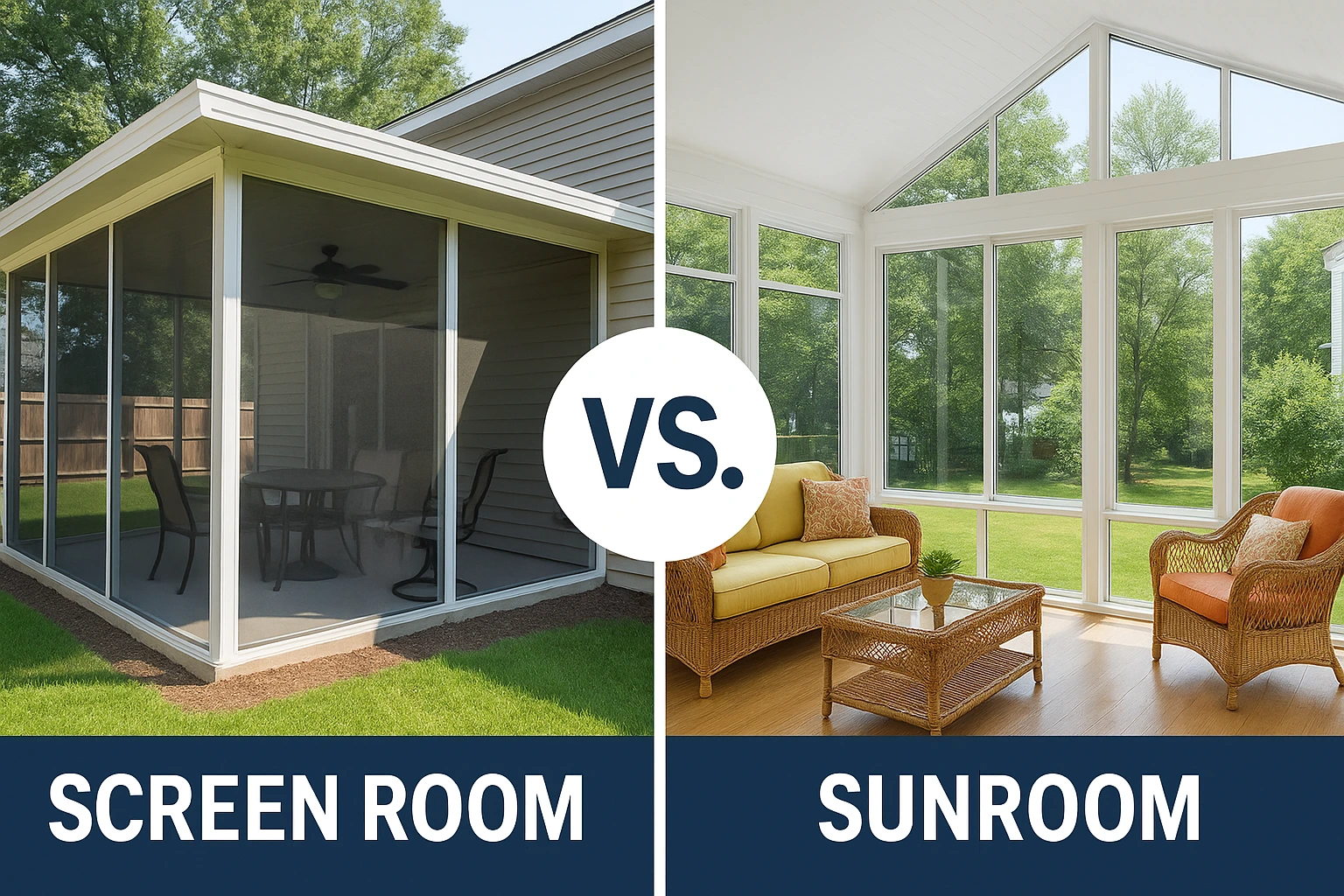 Screen room with mesh walls and patio furniture contrasted with a sunroom featuring large windows and comfortable seating, illustrating the differences between outdoor living options.