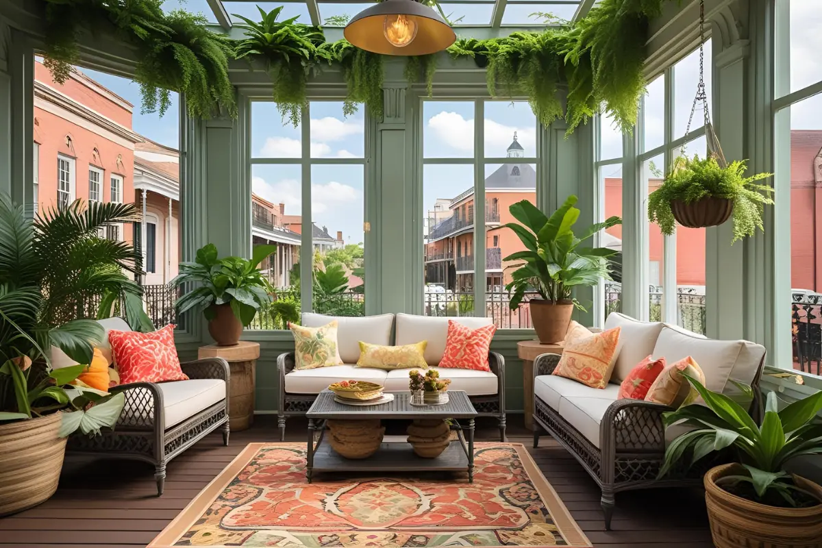 New Orleans sunroom featuring lush greenery, comfortable seating with vibrant pillows, and large windows showcasing the outdoor view, ideal for enjoying the local climate and ambiance.