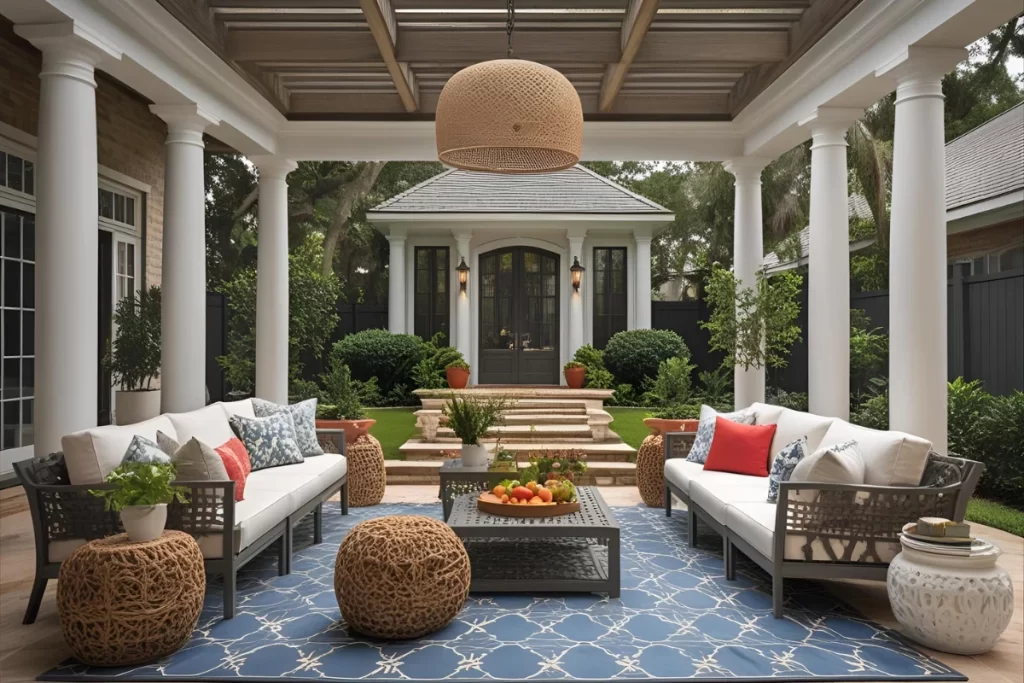 Stylishly designed outdoor living space in Metairie featuring comfortable seating, decorative pillows, and a central table with fresh fruit, surrounded by lush greenery and elegant architecture, ideal for summer entertaining.