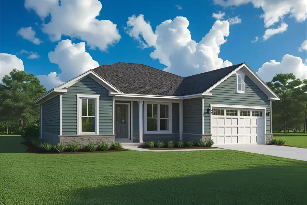 Home exterior designed for storm readiness, featuring a modern blue facade, garage, and well-maintained landscaping, set against a backdrop of clouds, emphasizing hurricane preparedness for homeowners in New Orleans.