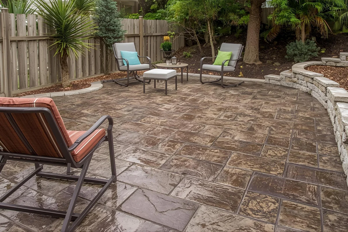 Creative stamped concrete patio with seating area, featuring textured surfaces and surrounding greenery, ideal for enhancing outdoor spaces in backyards.