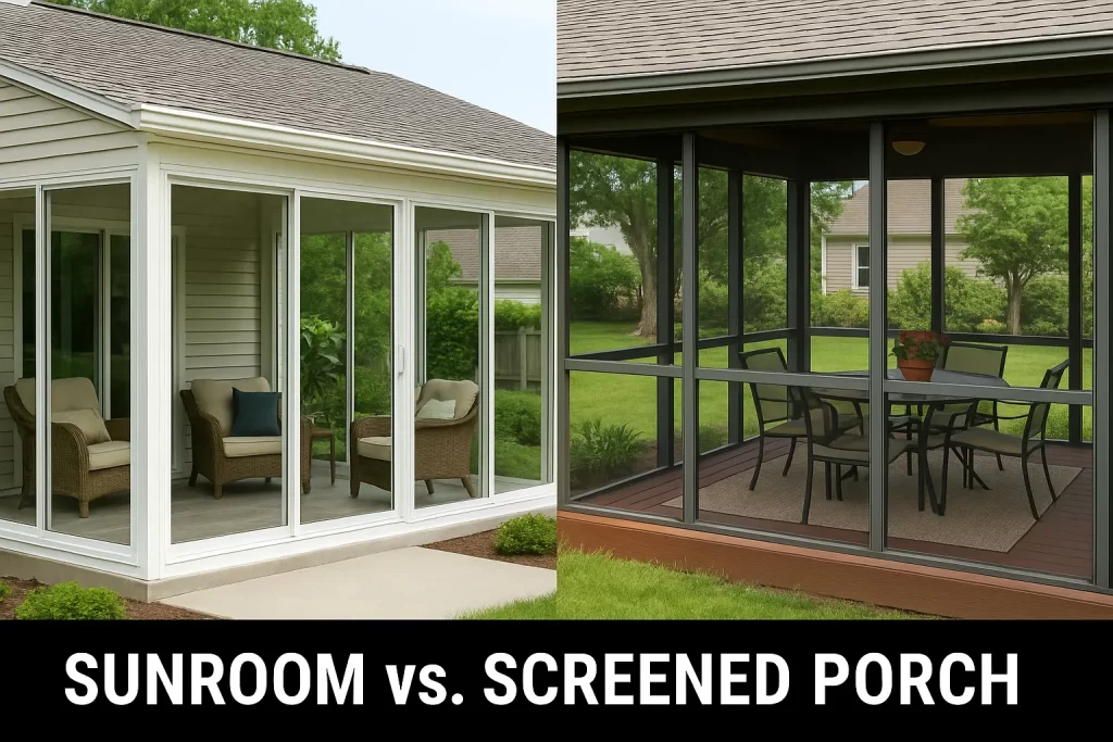Sunroom with glass walls and cozy seating contrasted with a screened porch featuring a dining table and chairs, highlighting differences between outdoor living spaces for Louisiana homes.