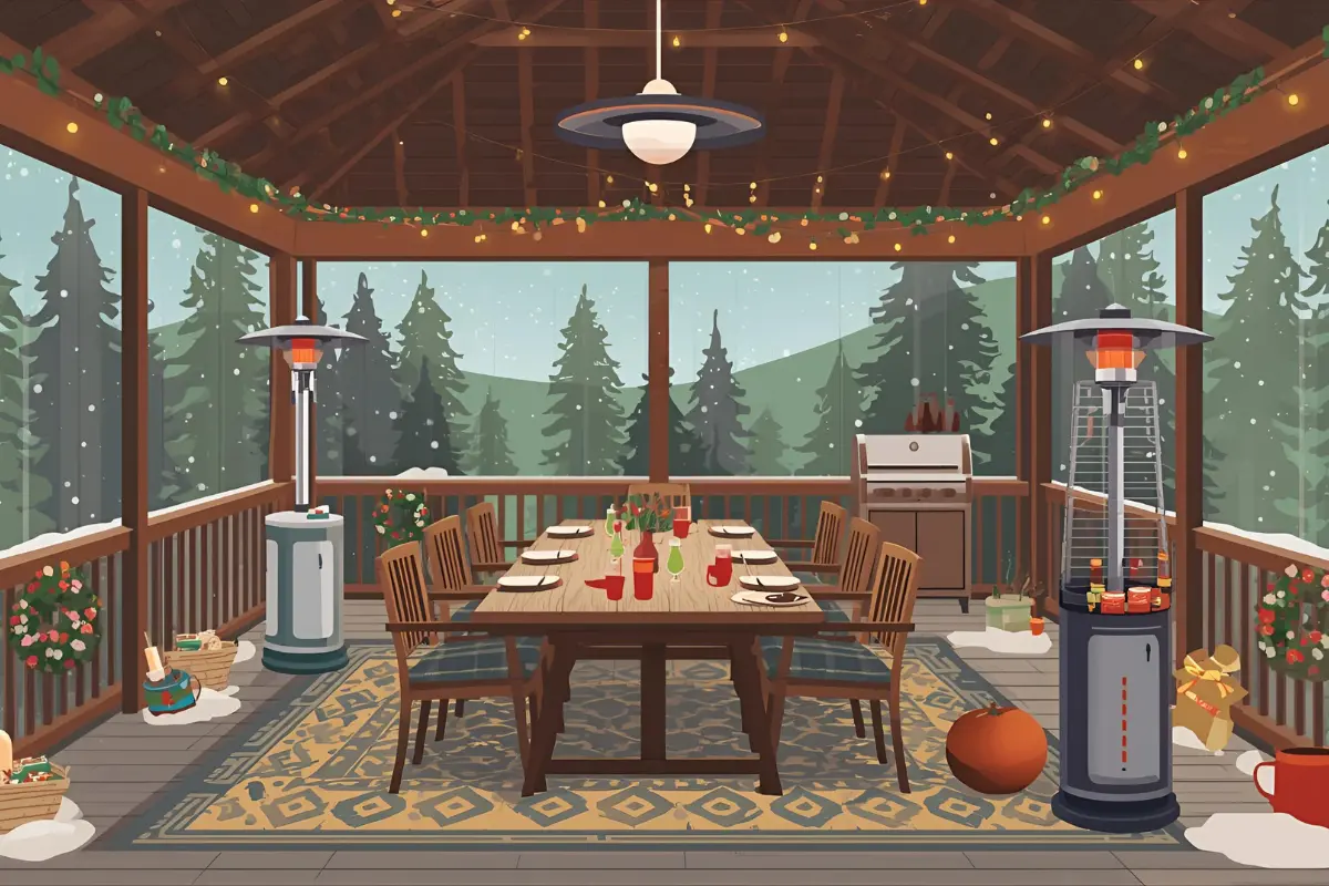 Weather-proof outdoor entertaining space featuring a large dining table set for a gathering, surrounded by festive decorations, a patio heater, and a grill, with snowy mountains and evergreen trees visible through large windows, ideal for holiday gatherings.