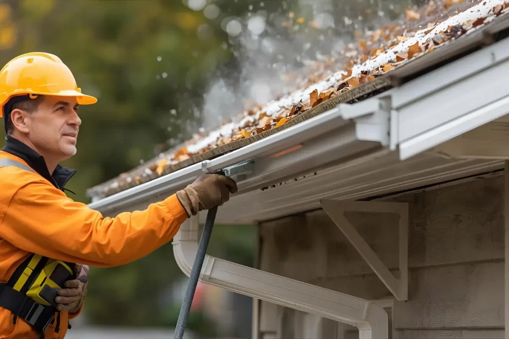 Worker in safety gear cleaning gutters, removing autumn leaves, highlighting fall maintenance for home exterior care.