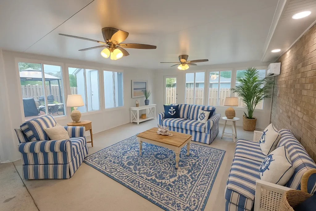 Newly completed sunroom installation by Capital Improvement featuring a comfortable living space with blue and