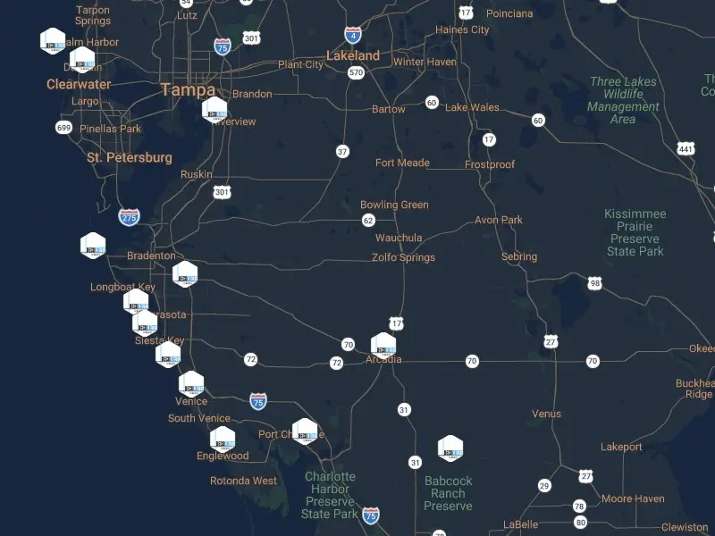 Service area map showing Sarasota, Bradenton, Tampa, and surrounding Florida Gulf Coast garage floor coating locations