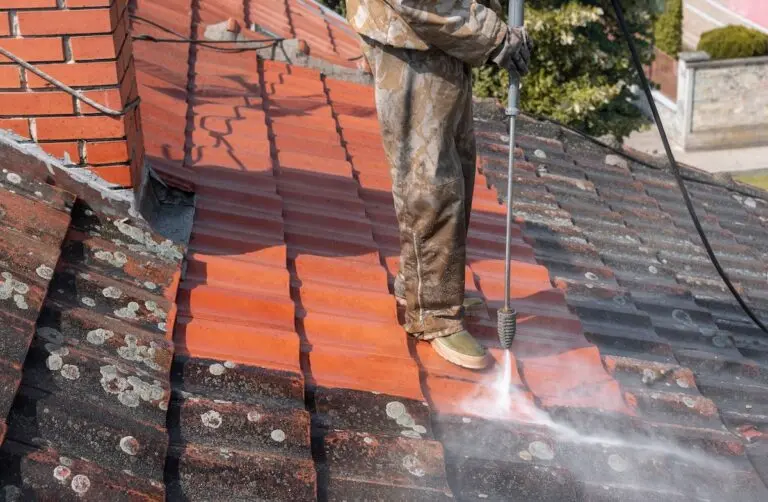 State of roof before and after washing with high pressure. Professional is wearing uniform and using equipment for cleaning.
