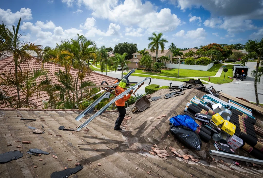 close up of distinctive contractors replacing rooftop