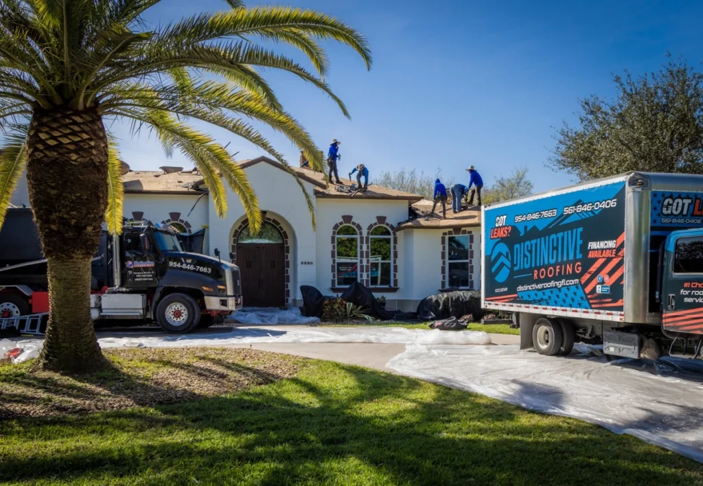 distinctive roofing truck outside of a florida roof replacement job on a sunny day