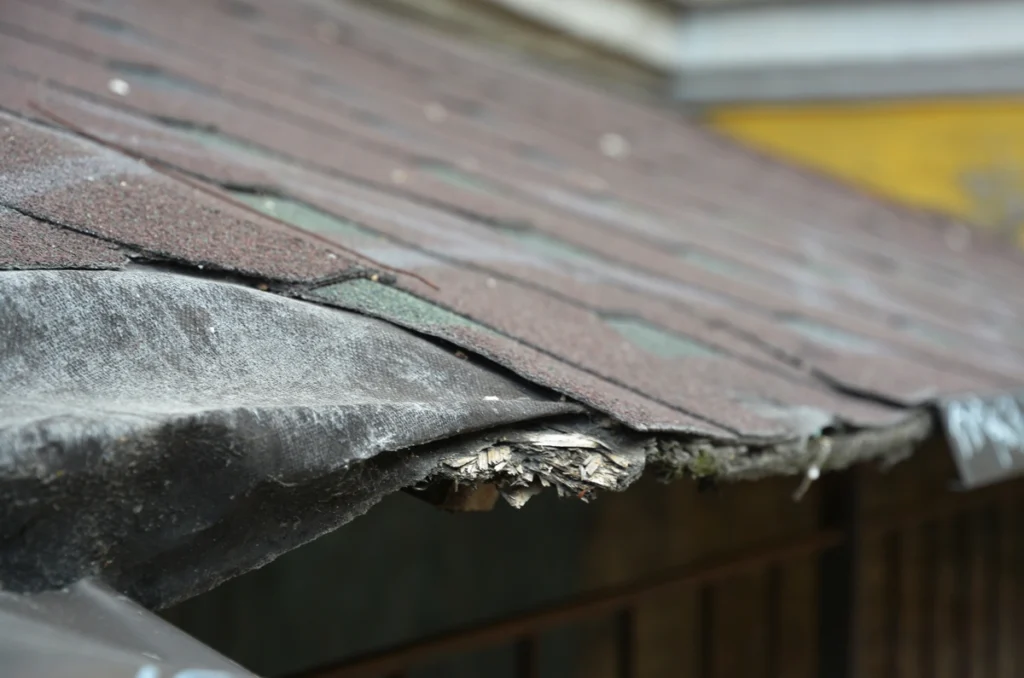 close up to damaged roofing shingles