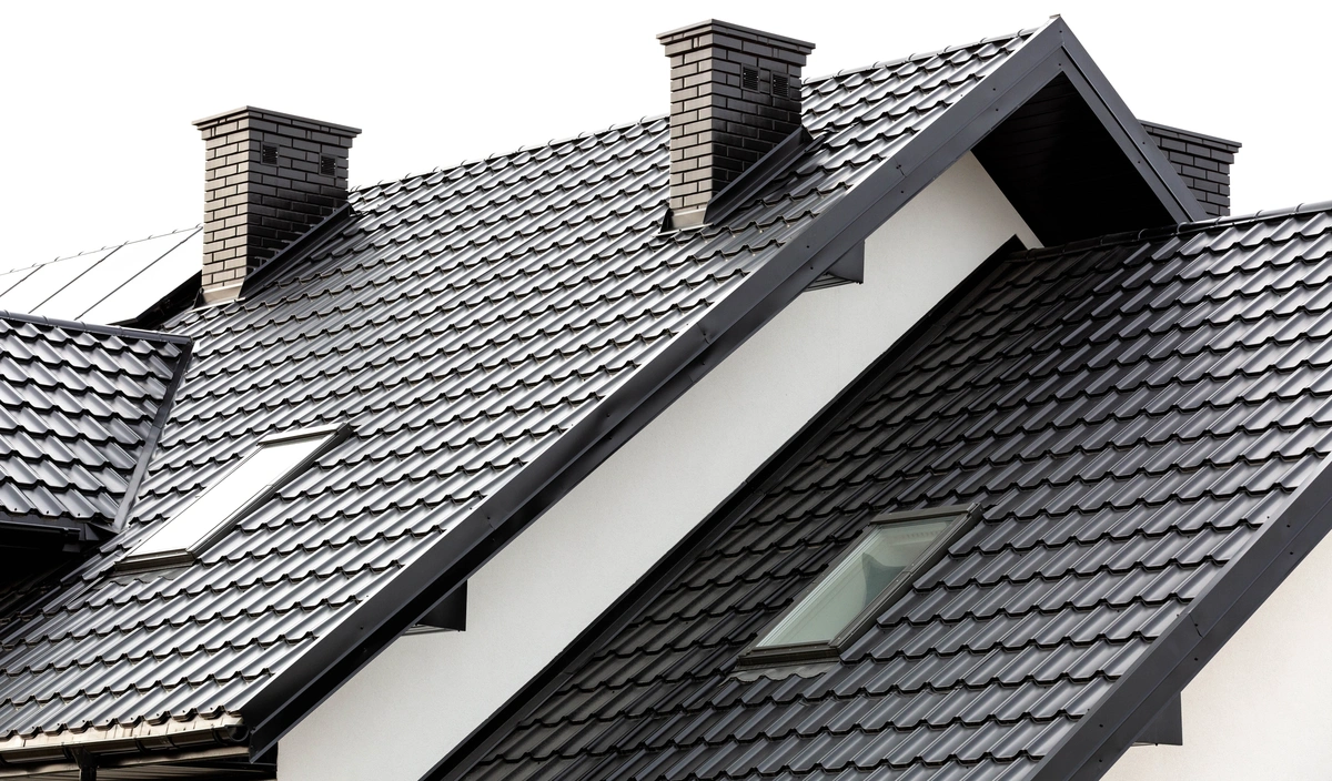 metal shingles roof black white