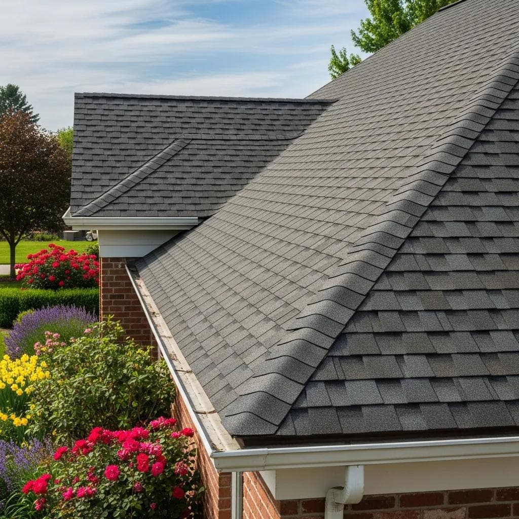 Close-up of colorful asphalt shingles on a house roof with a garden backdrop