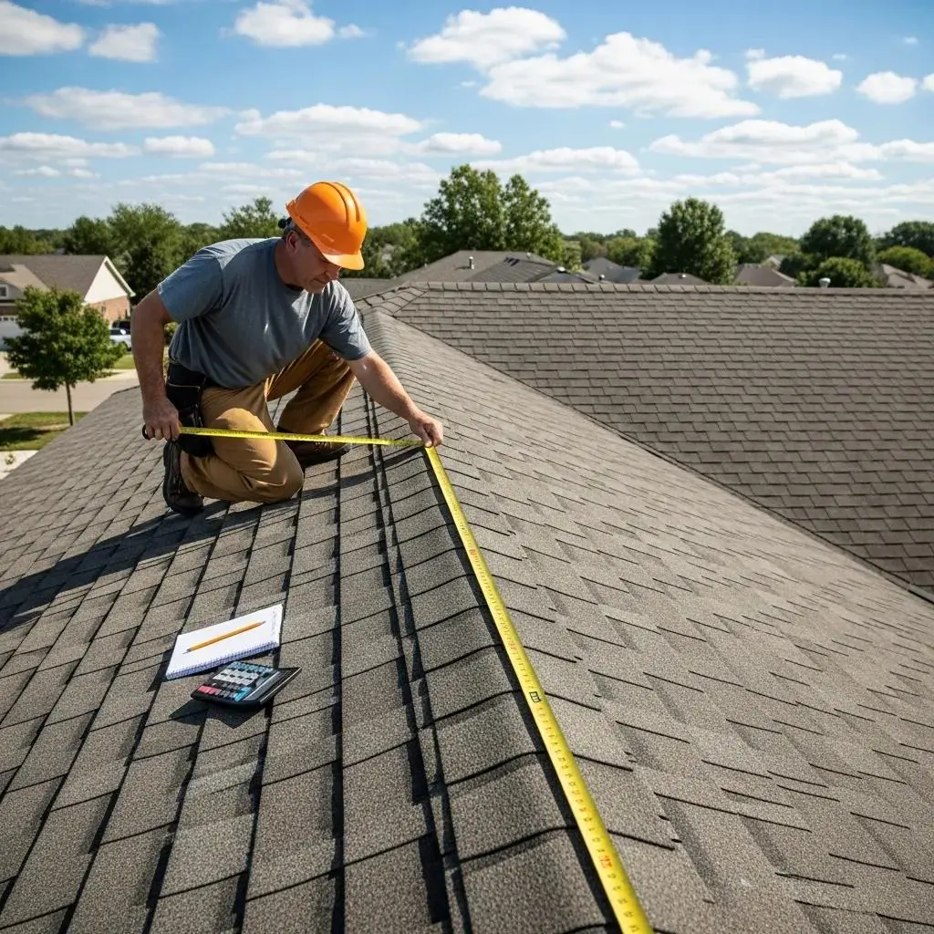 Homeowner measuring roof dimensions with a tape measure to understand roofing squares