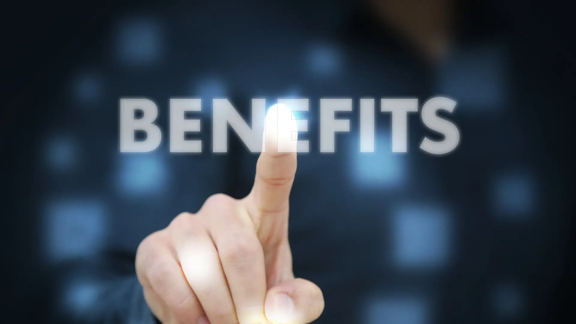 Person pointing at the word "BENEFITS" with a glowing effect, emphasizing the importance of gutter cleaning and maintenance for home protection and well-being.