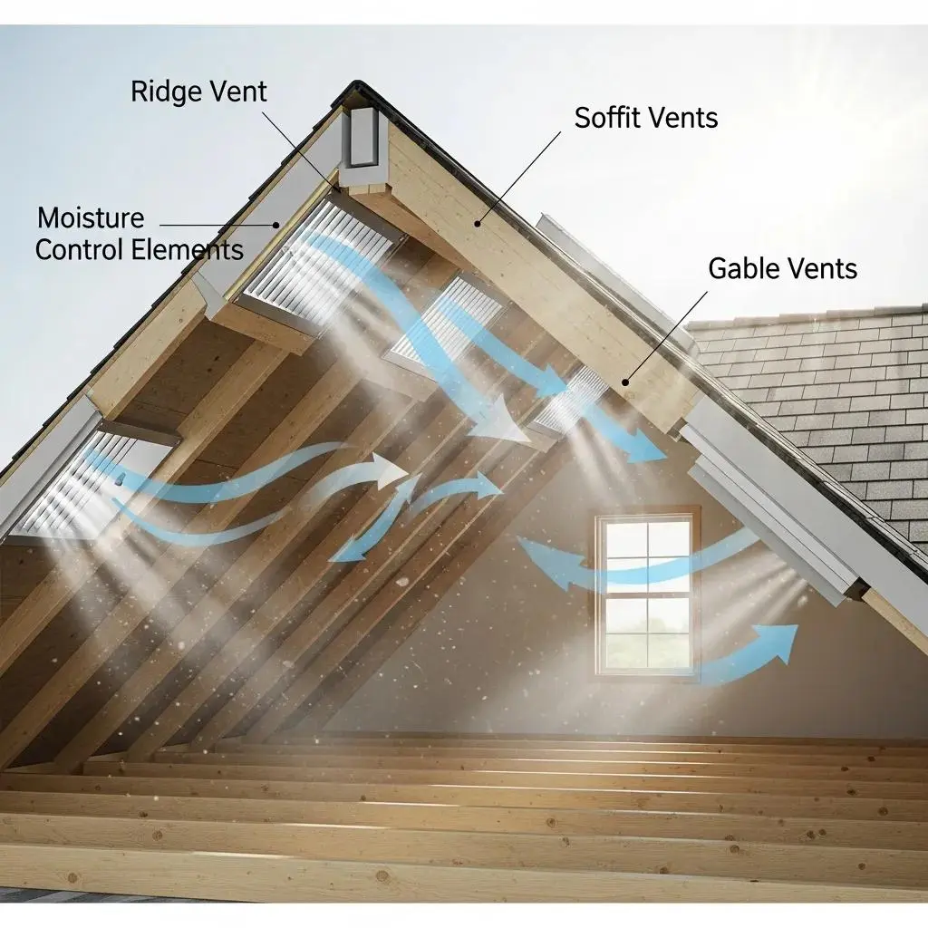Different types of roof ventilation systems in an attic space promoting air circulation