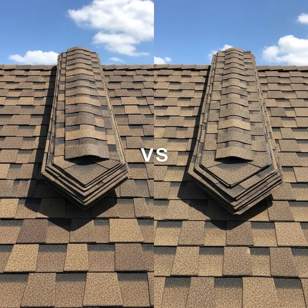 Comparison of 3-tab and architectural roofing shingles on a sunny day