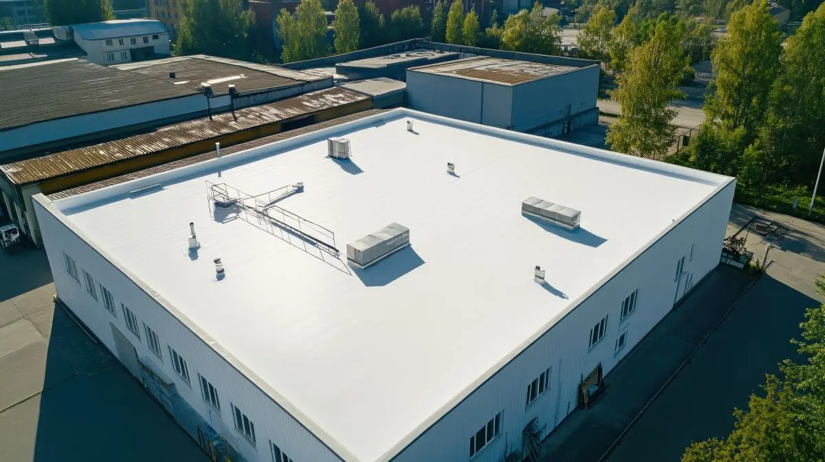 An aerial view of a flat roof on a commercial building
