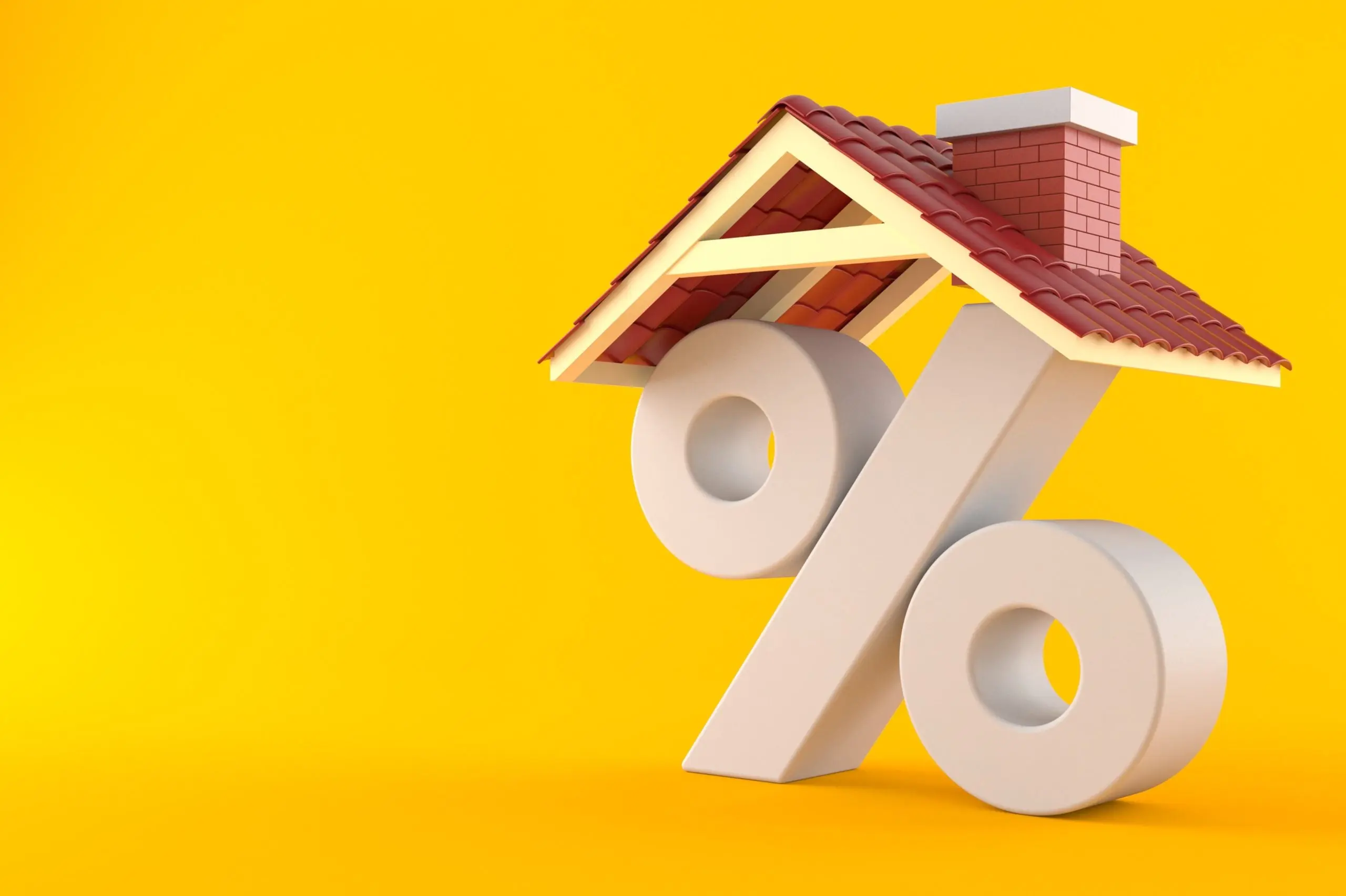 3D percentage symbol with a house roof and chimney, representing financing options for roofing services.