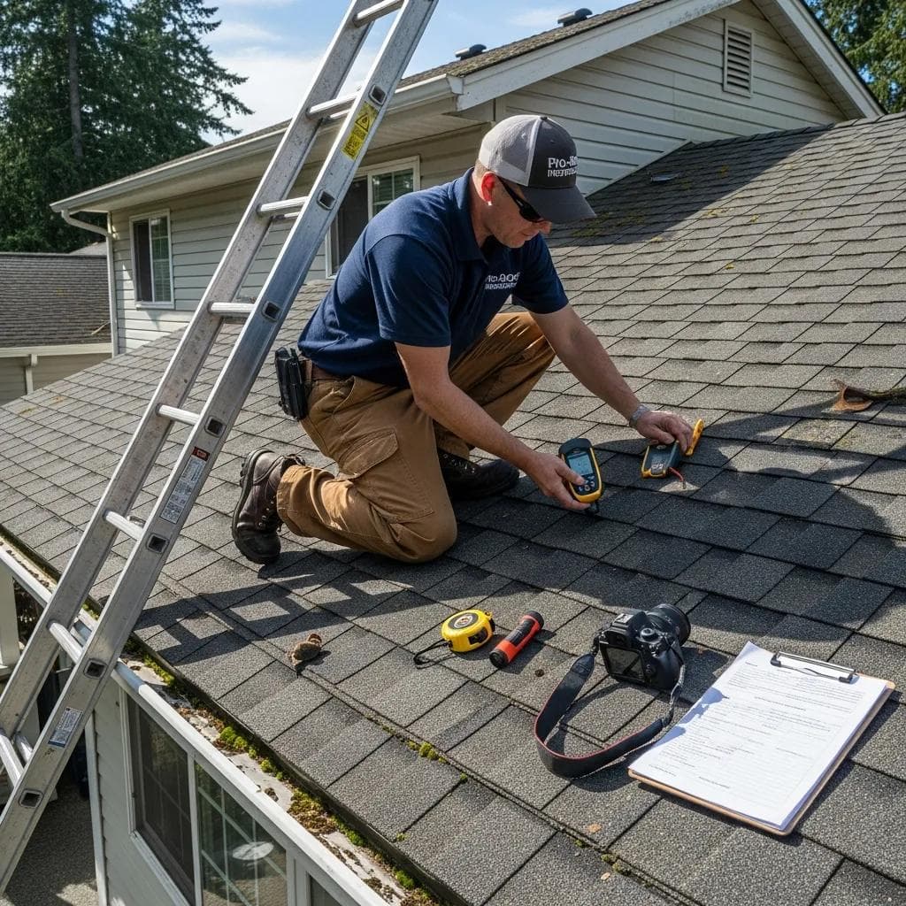 Roofing professional conducting a roof deck inspection to assess moisture and structural integrity
