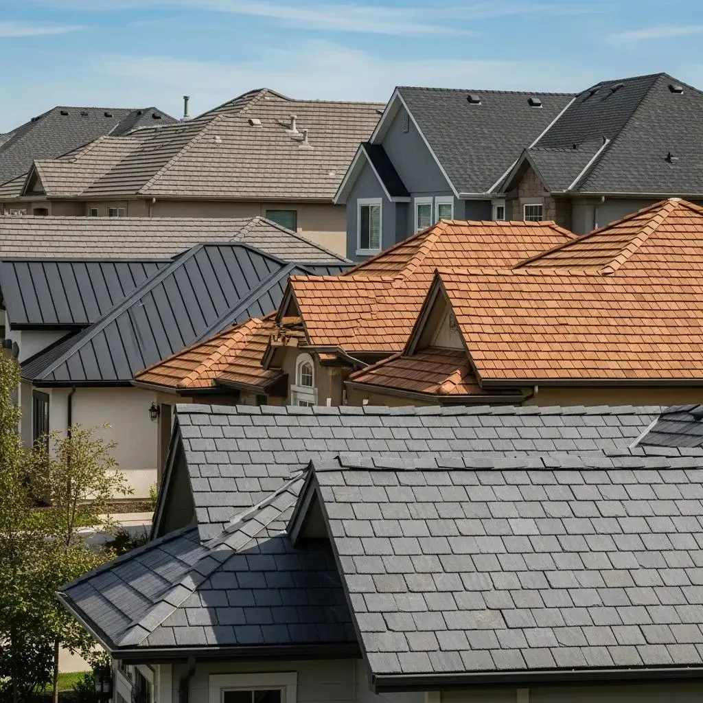 Diverse roofing materials on Minneapolis-area homes — asphalt, metal, and synthetic slate side by side