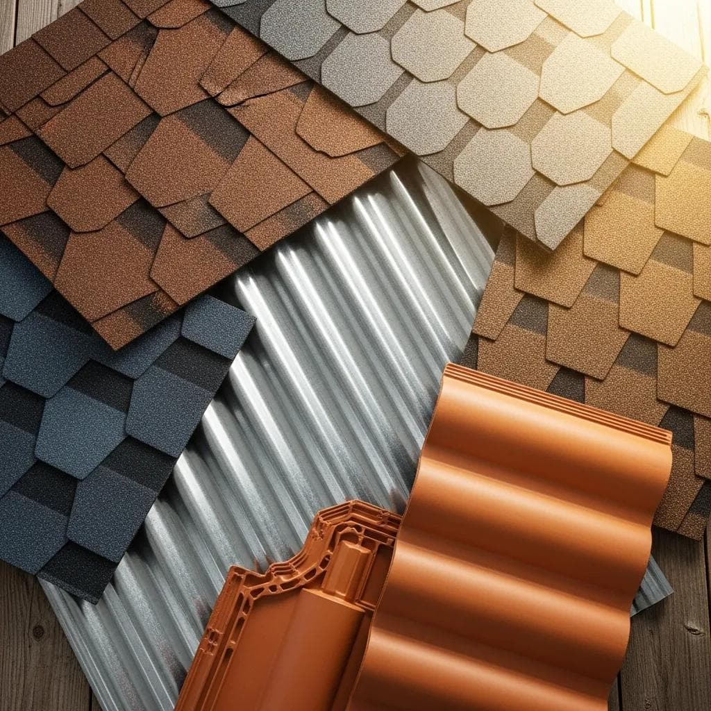 Variety of roofing materials including asphalt shingles, metal sheets, and tiles on a wooden surface