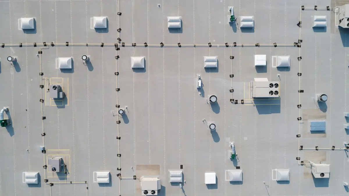 drone view of a commercial roof top in Woodbury