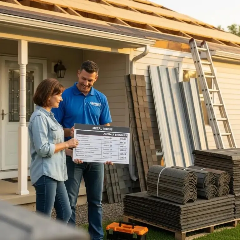 Contractor explaining cost differences between metal roofs and asphalt shingles