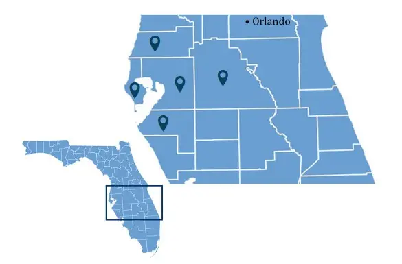Family Fence installation service area map covering Tampa Bay including Hillsborough, Pinellas, Pasco, Polk, and Manatee counties