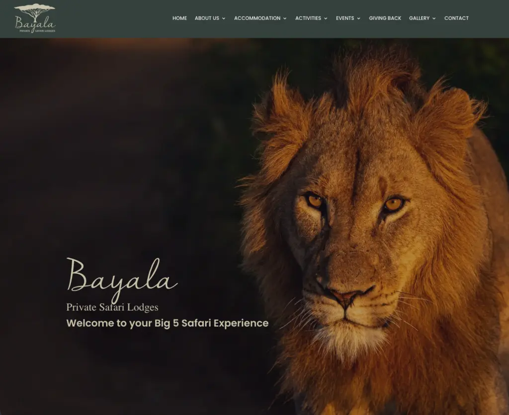 Bayala Private Safari Lodges website on a laptop