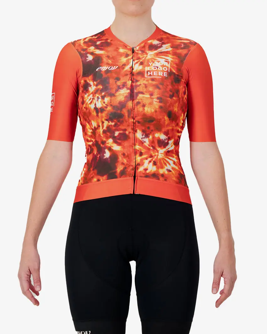 Front view of the Womens Semi Custom Proxision cycling jersey in a flame tie-dye design Enjoy.cc