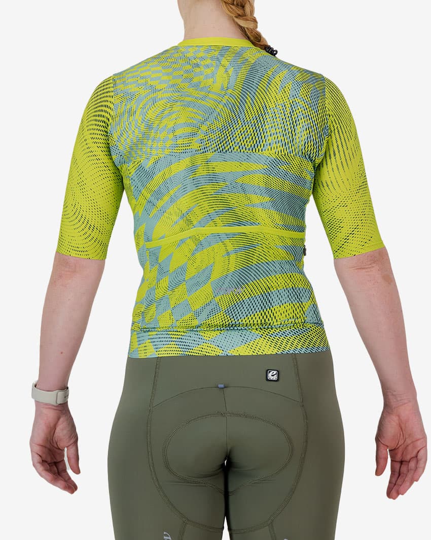 Back view of the ProXision Women's cycle jersey in lichen colour Warp design made by enjoy.cc