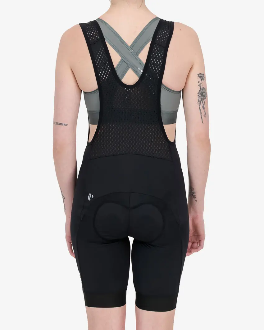 Back view of the black dual womens bib short part of the Enjoy cycling apparel range.