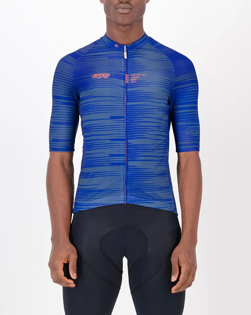 Front of the mens cycling jersey in the blue Input Supremium design made by enjoy.cc