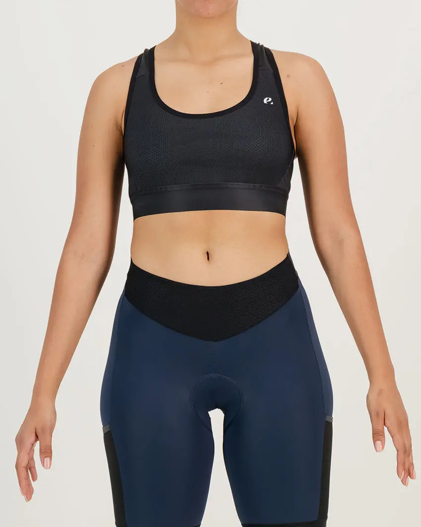 Front view of the womens sports bra in the black emotif design made by Enjoy.cc