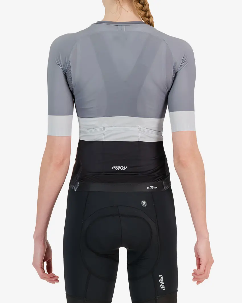 Back view of the womens climber cycle top in the greyscale block design made by Enjoy.cc